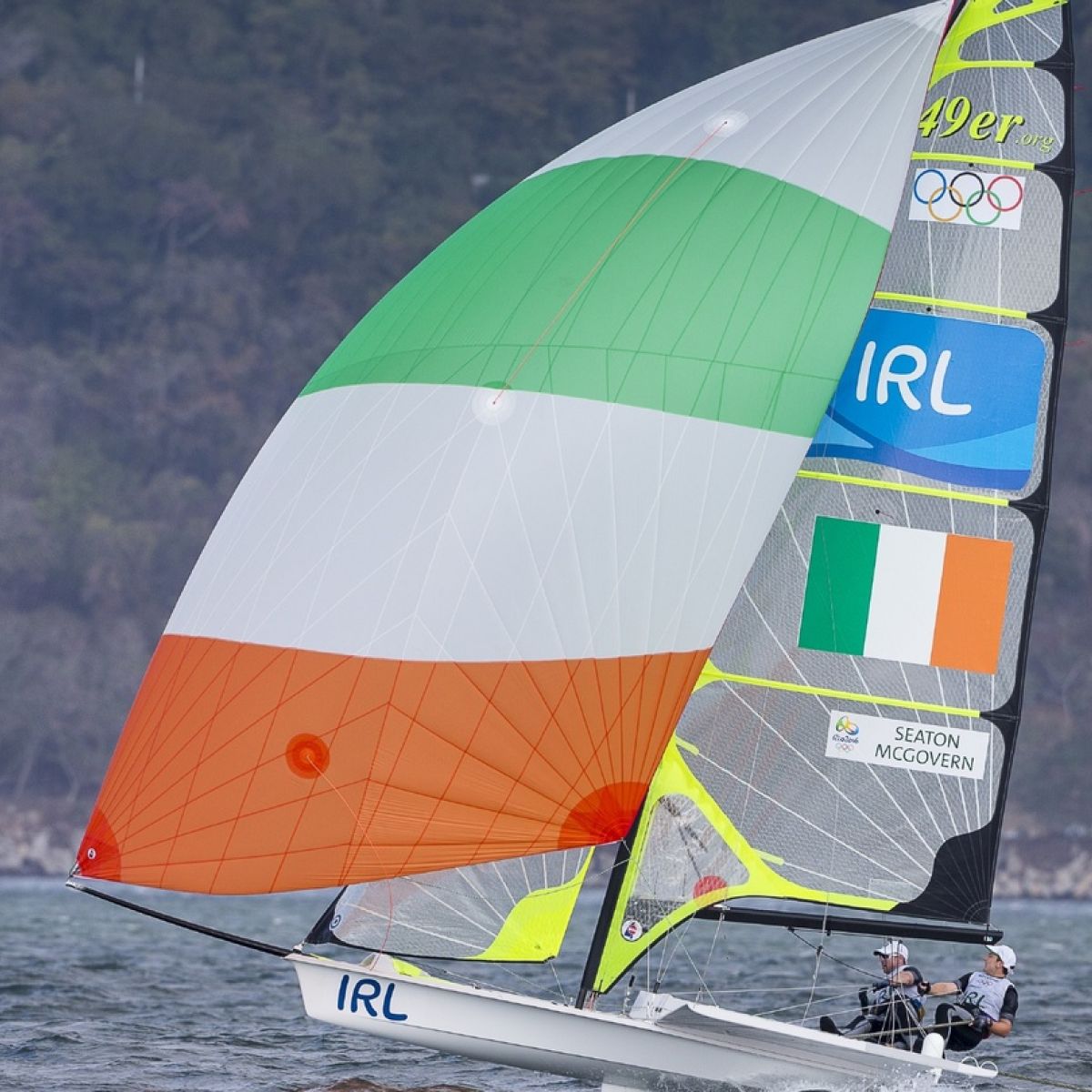 Ryan Seaton, former Irish Topper champion sailing his 49er to 10th at the Rio 2016 Olympics